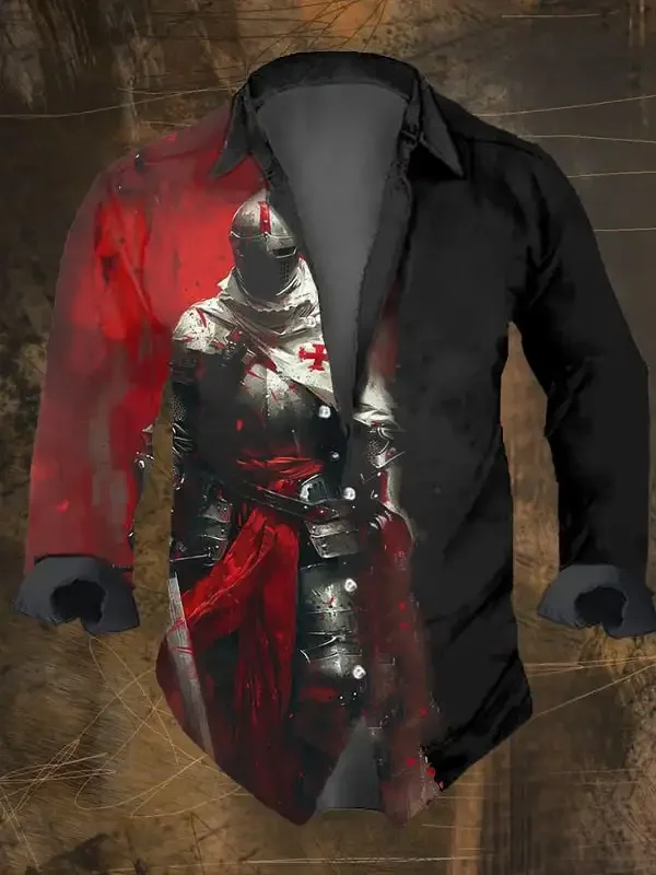 

3D printed Knight Templar shirt autumn new men's printed long sleeved shirt casual men's fashion casual lapel button shirt