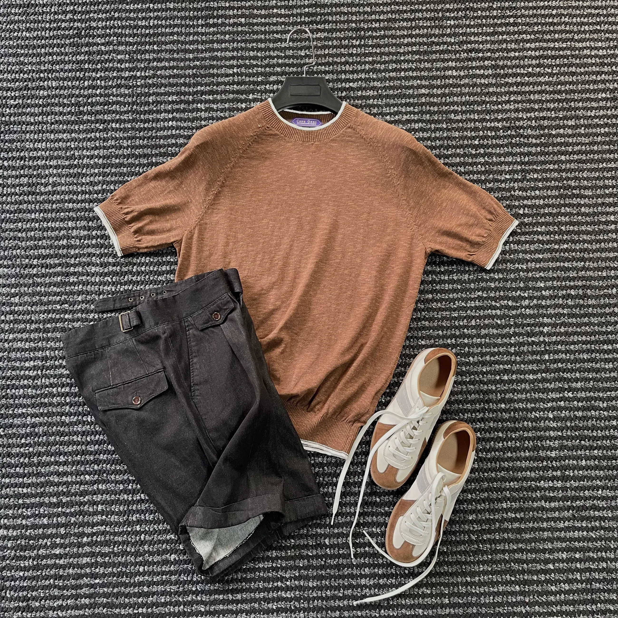 Classic old money earth color cotton and linen knitted short-sleeved T-shirt