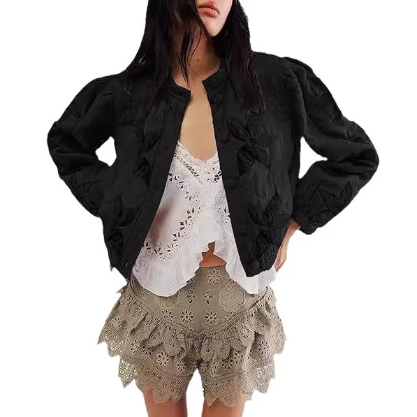 Piumino corto da donna in cotone sciolto con applicazioni di foglie d'acero, stile occidentale, ufficio elegante, confortevole, casual, caldo, multicolore