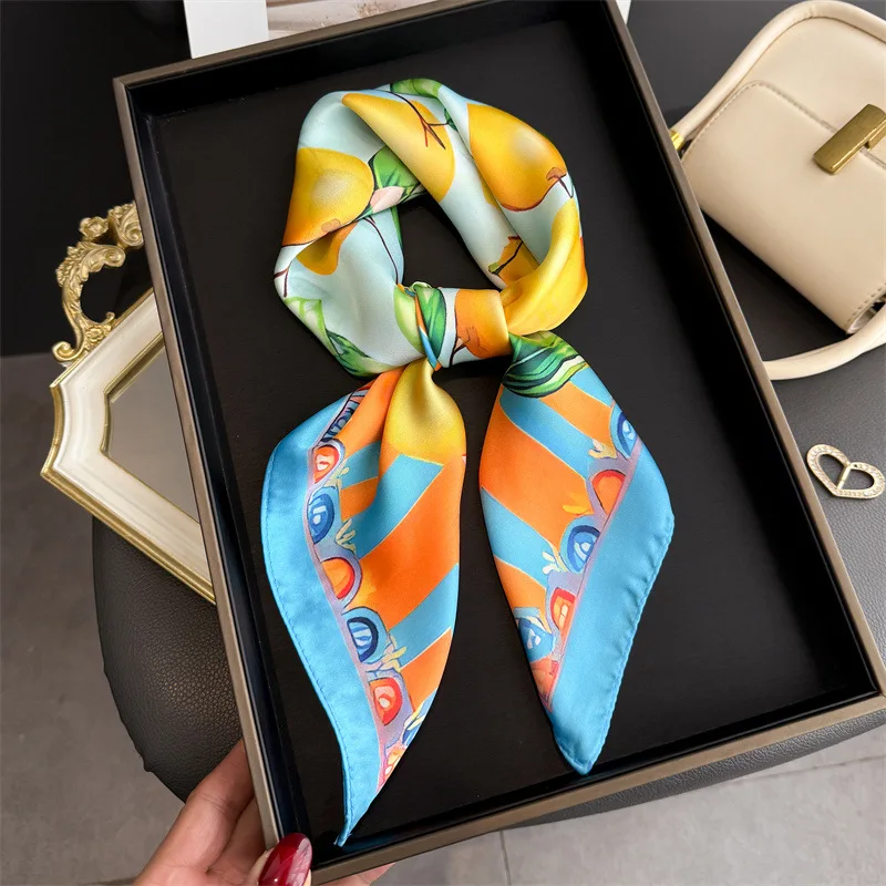 

Новинка 2026 года, шелковый квадратный шарф с лимонным принтом, женский платок, мягкий атласный платок, модные украшения, хиджаб, женская повязка на голову
