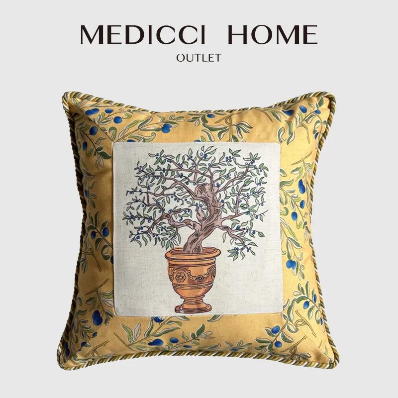 Medicci Home Gold Olive Tree Decorative Cushion Cover Richly Toned Collection Throw Linen Pillow Case Southern France Style Deco