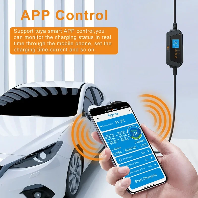 Feyree Carregador EV portátil com conector TS-NACS 32A até 50A 12kw caixa de parede EV de alta potência com APP WIFI para todos os modelos Tesla