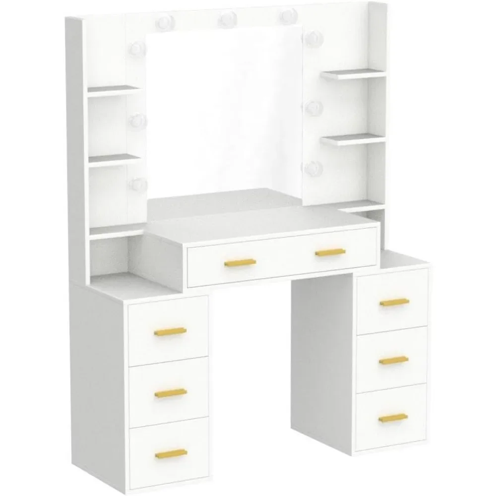 43 inch makeup vanity with mirror and charging station vanity with 7 drawers and 9 LED bulbs (no chairs) vanity table