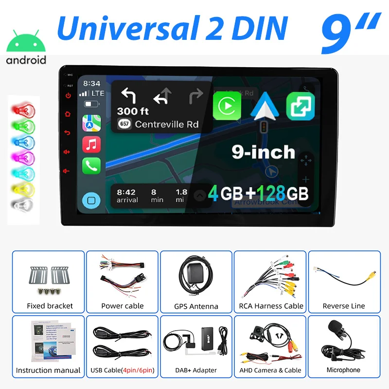 Universeel Autoradio ESSGOO Android 15 7"/9"/10" 4+128 GB 2 DIN Draadloze CarPlay Android Auto GPS Navigatie RDS FM Bluetooth 7 Kleuren ASP-scherm Mirror Link Aanraakscherm Stuurwielbediening