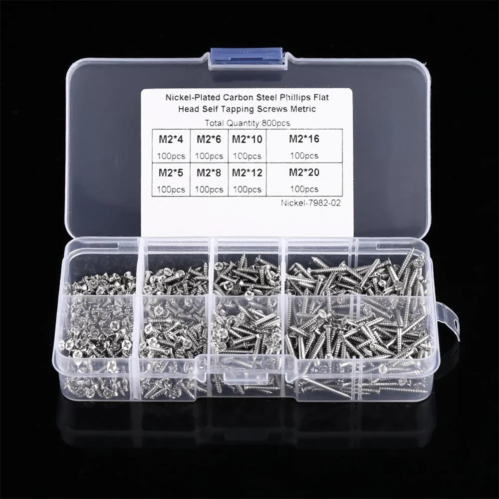 800Pcs M2 Cross Flat Head Screws, 4mm-20mm Plated Carbon Steel Flat Head Screws Self Tapping Screws Wood Screws Assortment Kit