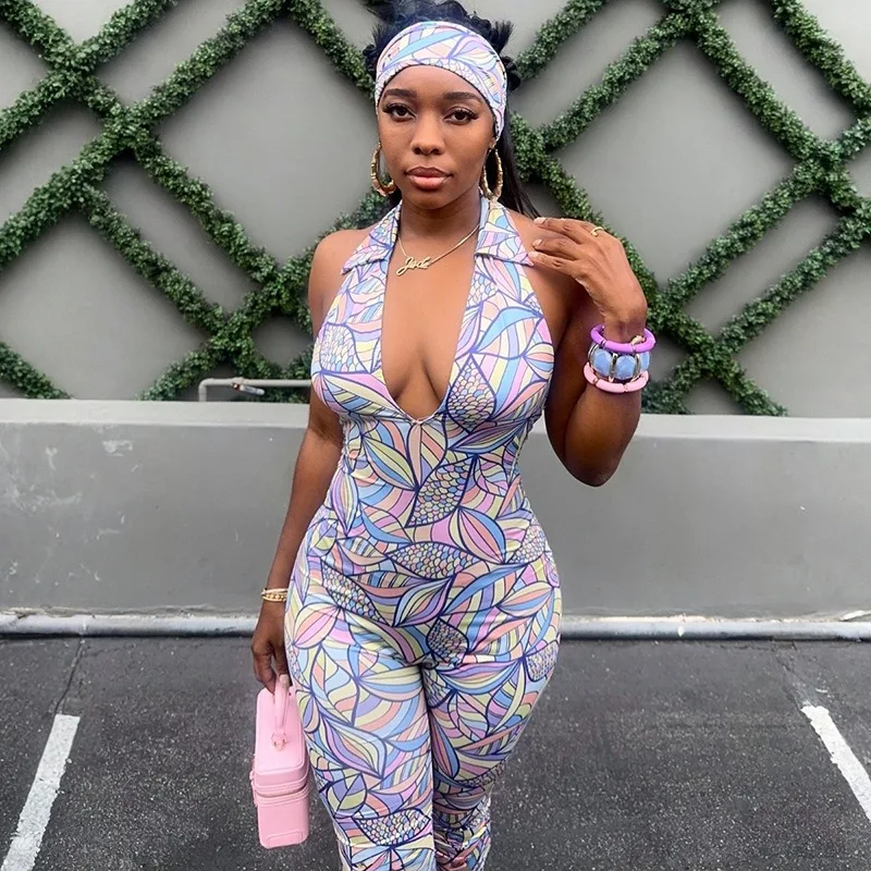 KEXU Matching Printed Headband Set Women Summer 7/8 Jumpsuit, Lapel Halter Open Back Slim Bodycon One Piece Pants