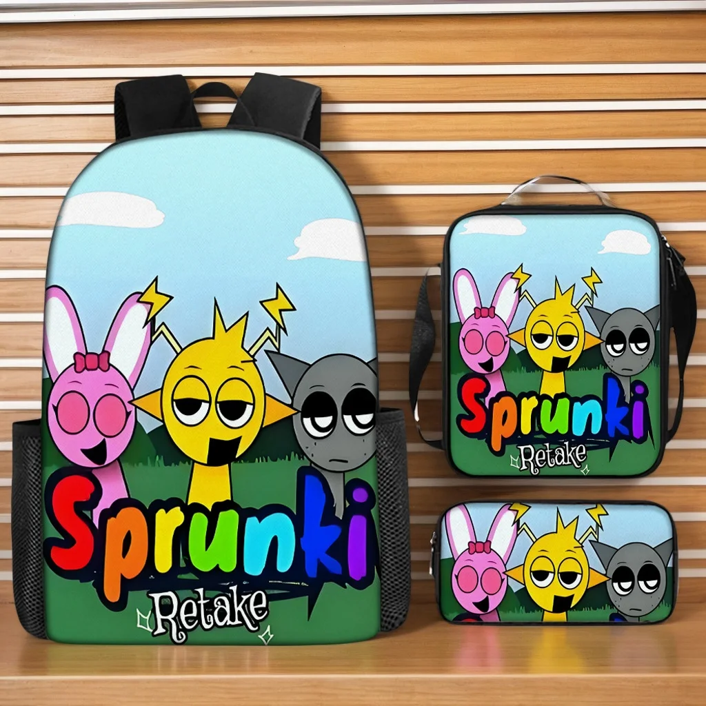 

Student 3 in 1 School Backpack Set-Sprunki Wear Resistant Bookbag-Waterproof Casual Daypack+Shoulder Bag+Pencil Case