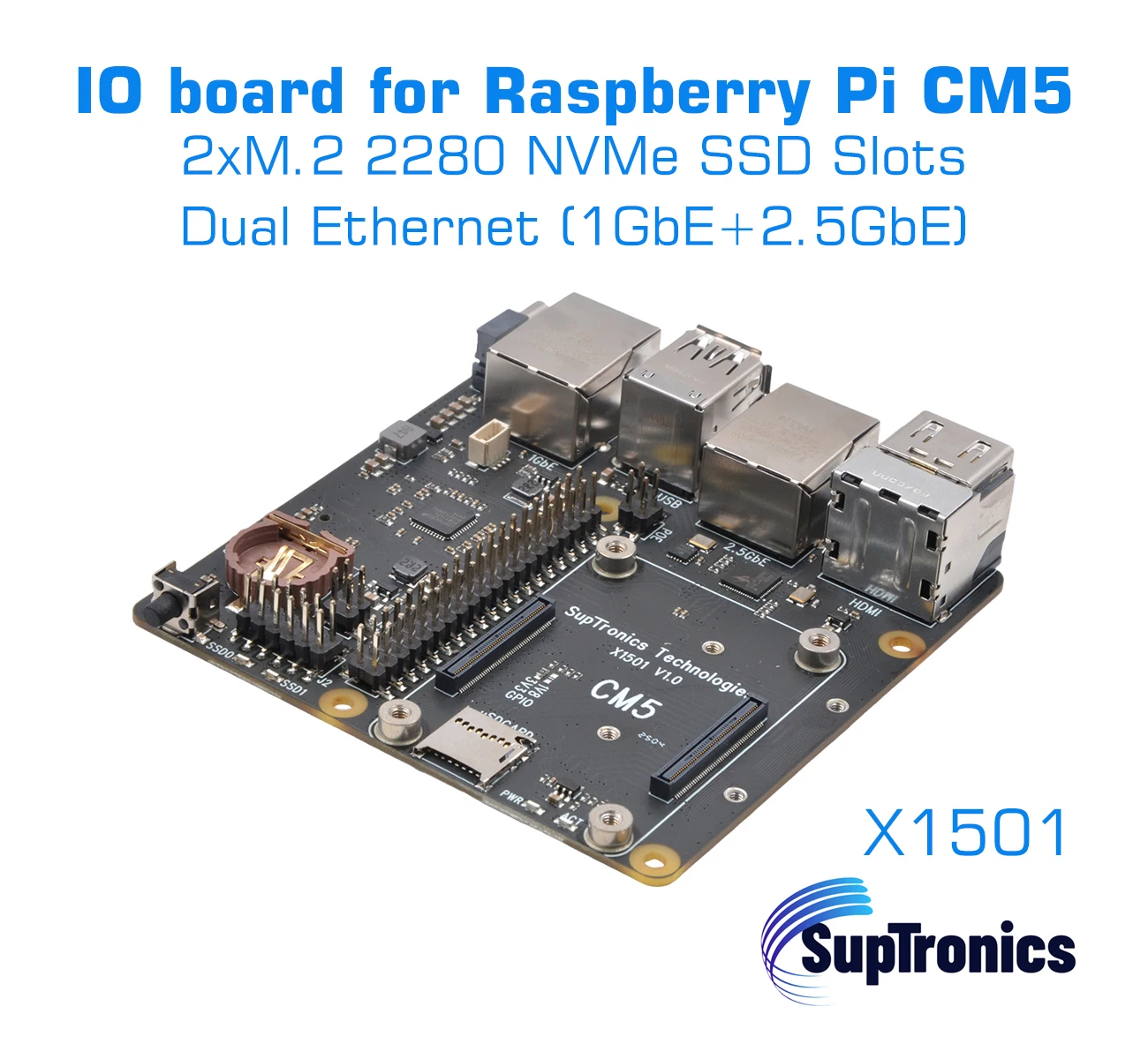 Raspberry Pi CM5 IO board NAS 2xNVMe dual Ethernet X1501