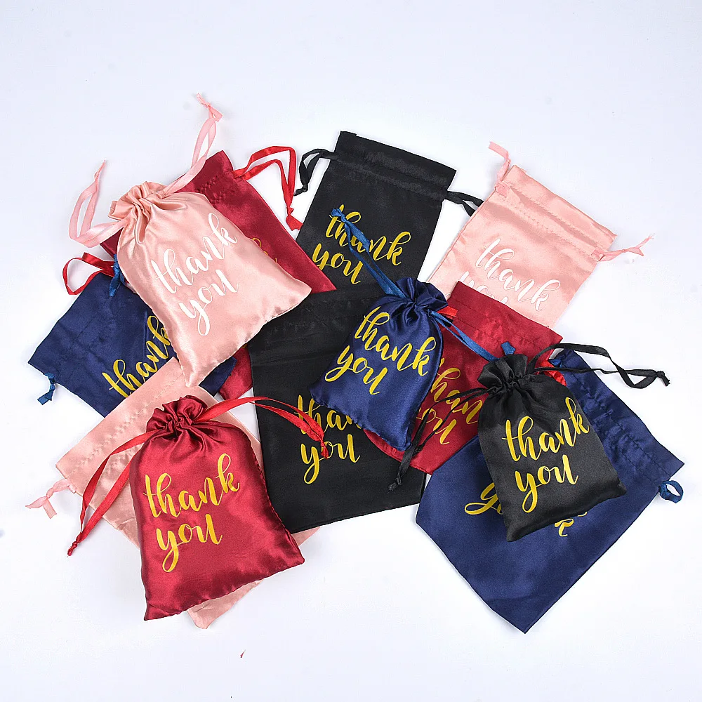 

50pcs/Lot 10*15cm 13*18cm Thank you Gift Bag Satin Draw String Pouch Thanksgiving Day Wedding Favors Bags Custom Logo Print