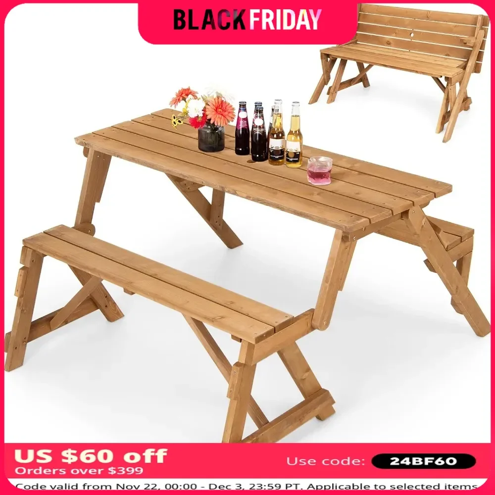 Picnic Table, 2 in 1 Convertible Bench Set, Transforming Interchangeable Wooden with Umbrella Hole, Collapsible Outdoor Tables