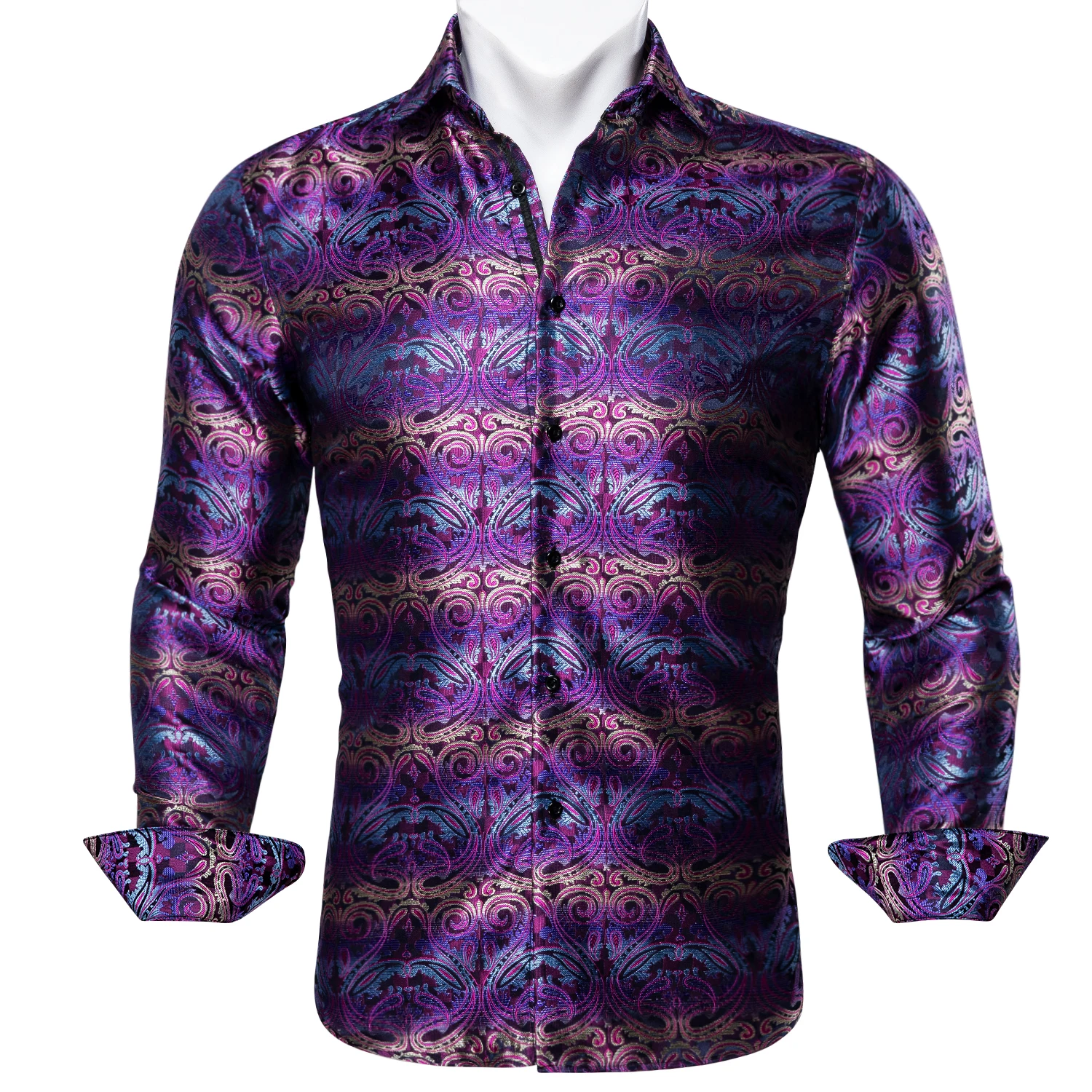 Barry.Wang 4XL Luxury Purple Paisley Silk Shirts Men Long Sleeve Casual Flower Shirts For Men Designer Fit Dress Shirt BY-0057