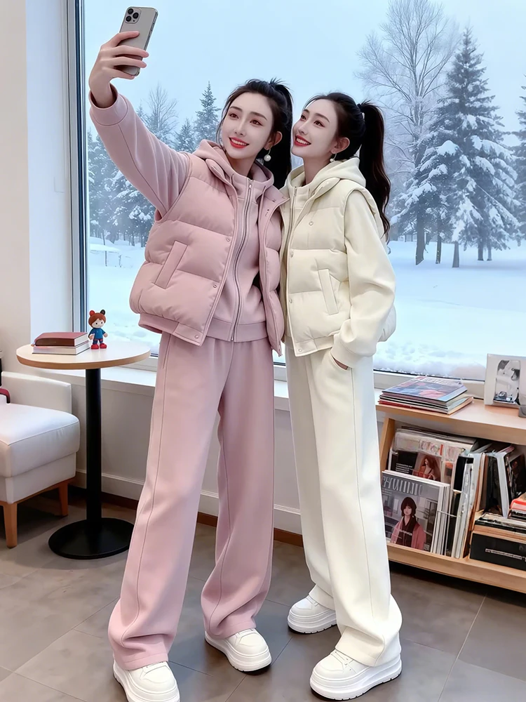 

Ele Simple Winter Casual Set Women's 2026 New Sle Belly Cover Slimming Vest Hoodie Sweatpants Tee-piece Set