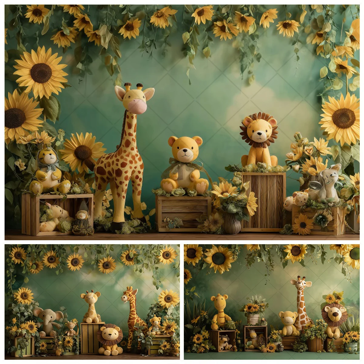 

Jungle Animal Green Backdrop Sunflower Girl Boy Gifts Birthday Party Kid Room Decor Baby Shower Photography Background Photozone