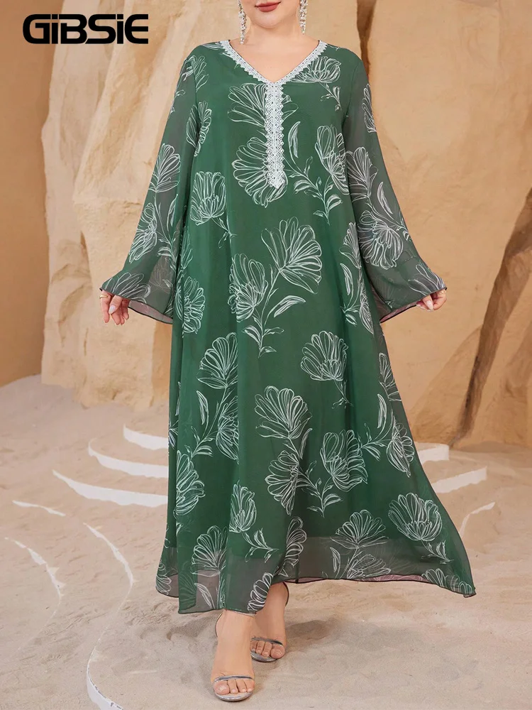 

GIBSIE Plus Size Contrast Lace V-Neck Long Sleeve Chiffon Dress Women Spring Summer Print Casual Loose Maxi Dress 2026 New