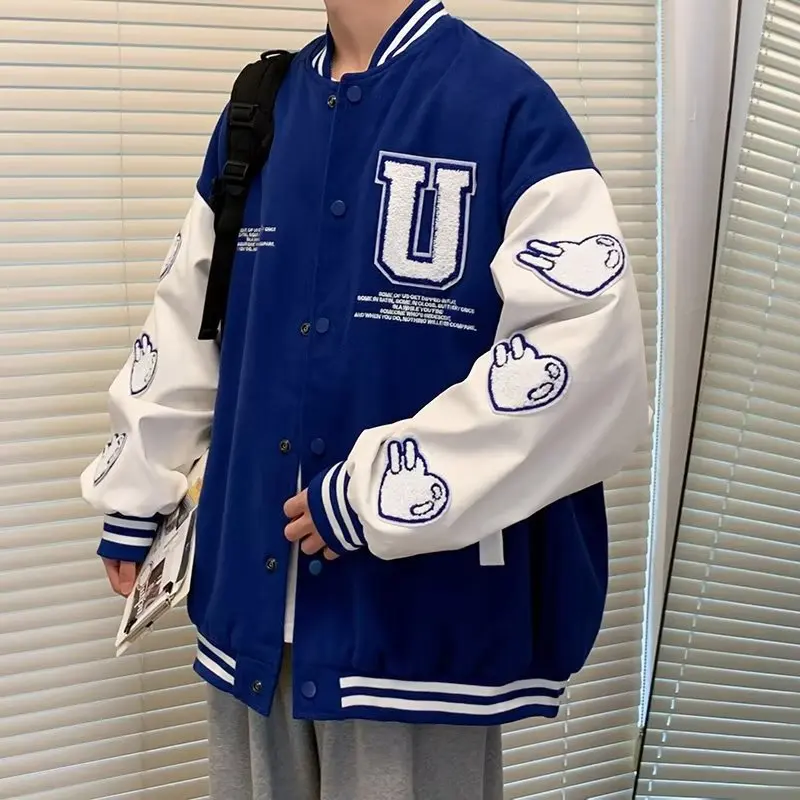 

Hip Hop Baseball Jacket Men Streetwear Retro PU Sleeve Leather Embroidery Coats Mens Harajuku Neutrals Blue Varsity Bomber Coat