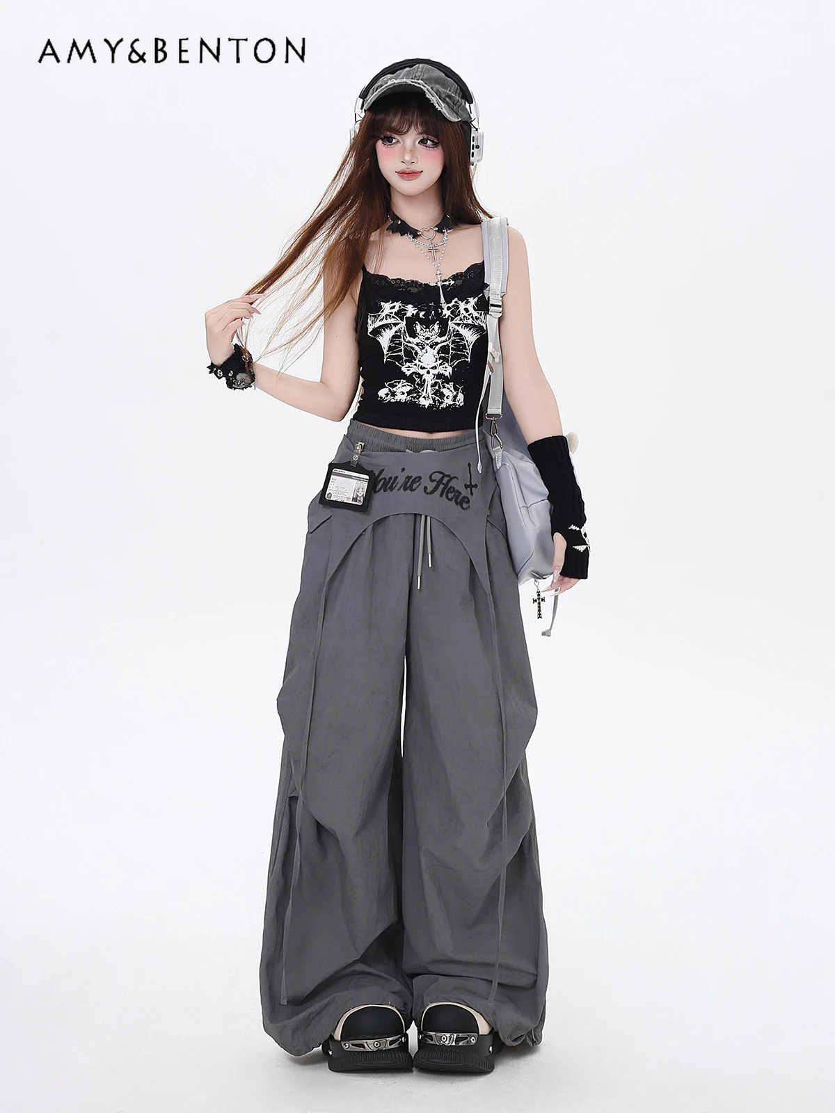 

American Retro Spice Girl Two-piece High-waisted Cargo Pants Women Street Punk Style Wide-leg Pants Loose Casual Trousers Thin