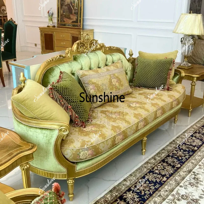 French romantic luxury solid wood fabric sofa carved villa high-end living room combination
