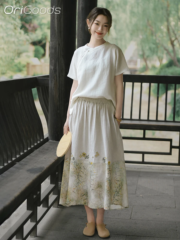OriGoods 100% Linen Skirt Woman 2025 New Summer Flower Print Linen Skirt Elastic Waist Pocket Vintage Elegant Long Skirt Q152
