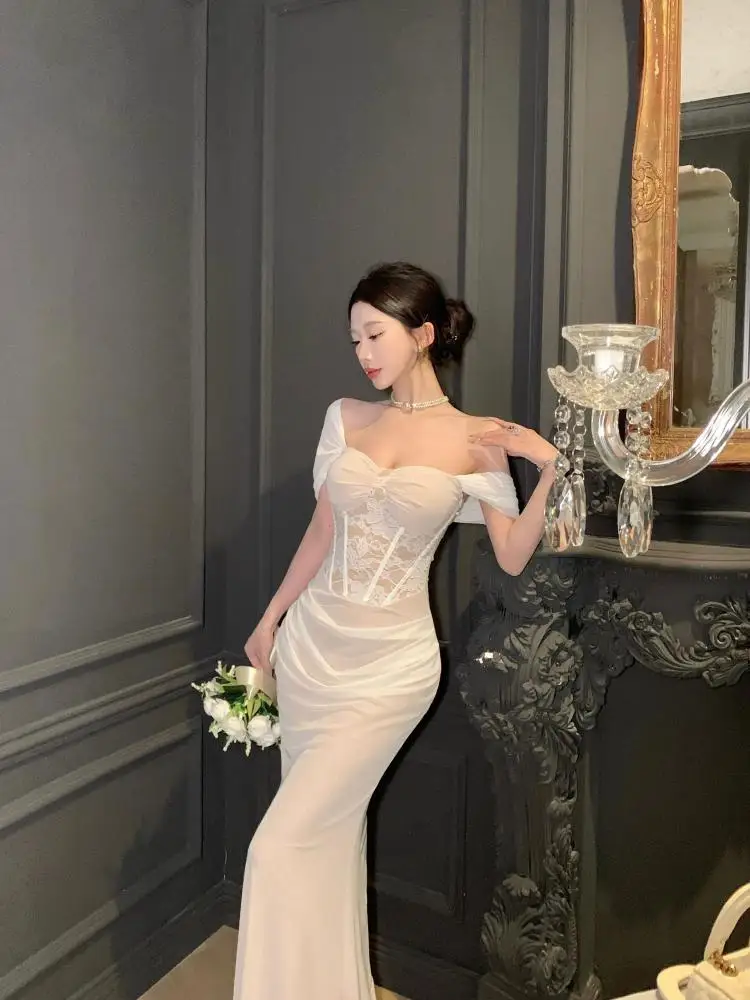 جديد إمرأة خمر الأبيض المرقعة الدانتيل أنيقة قصيرة الأكمام عالية الخصر فستان الصيف مثير نادي عارية الذراعين مطوي مساء فستان طويل #2