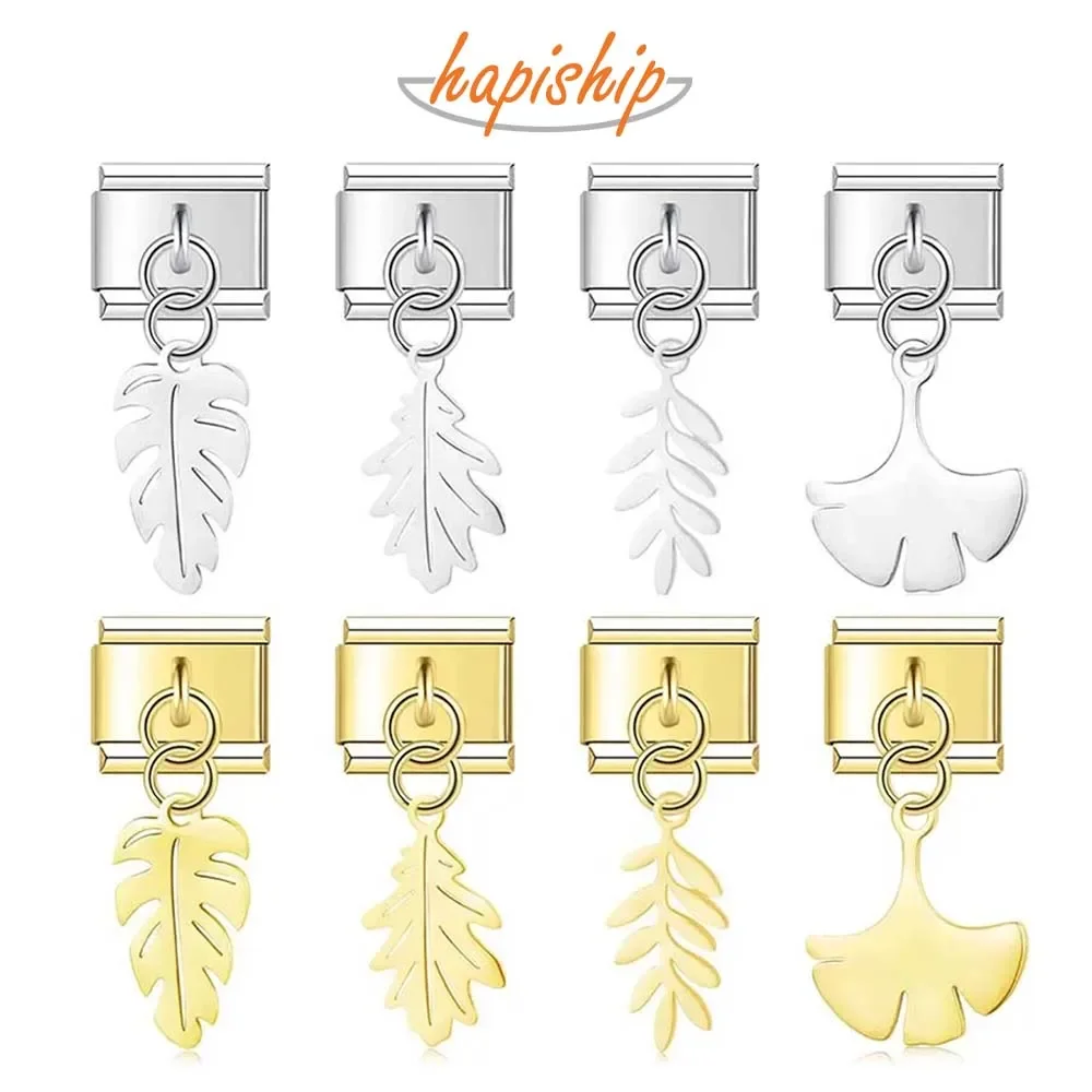 Hapiship 2024 Women New Fashion Minimalist Leaf Italian Charms Links Fit 9mm Stainless Steel Bracelet Making DIY Jewelry DJ1166