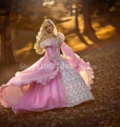 Fantasy Victorian Prom Dress Peach Pink Fairytale Princess Long Sleeve Strapless Corset Tie Ruffle Women's Masquerade فساتين سهر