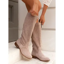 Women Boots Winter New Designer Luxury Faux Suede Casual Low Heel College style Women Shoes Zip Lady Knee High Boots