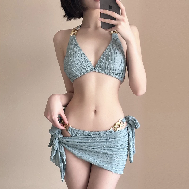 Women's Bikini Swimsuit Three-piece Set Holiday Thermal Spa Wrap Sensual Strap Small Chest Gathered Separate Swimwear
