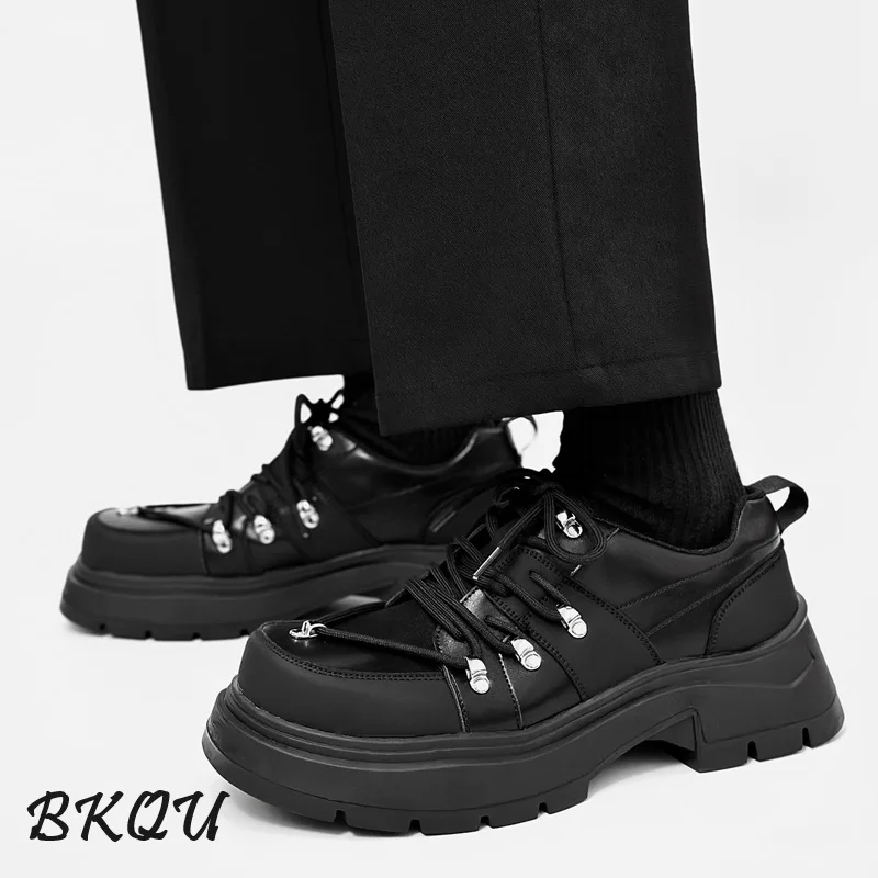 

BKQU Small Premium Matte Derby Shoes Men's British Formal Thick Soled Elevating Leather Shoes Cleanfit Commuter Big Head Shoes