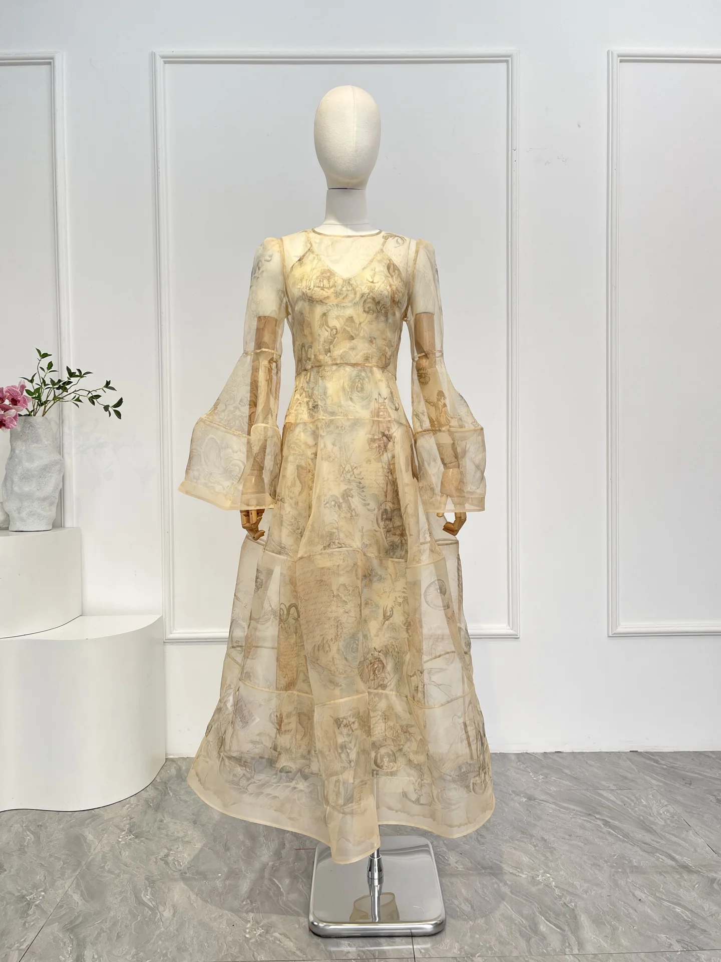 

2026 New Fashion Beige The Painting of The Sea Print Long Sleeve midi dress