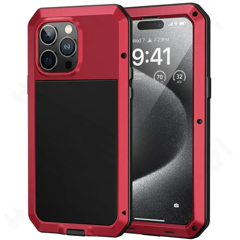 For iPhone 16 15 14 13 12 11 Pro Max XS XR 8 7 Plus SE3 Heavy Duty Armor Metal Case Shockproof Protective Cover Screen Protector