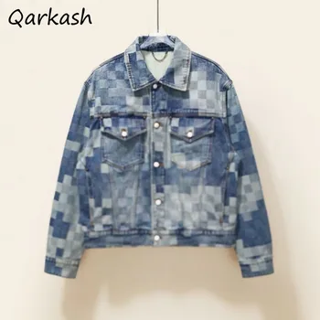 แจ็คเก็ตยีนส์ผู้หญิงฤดูใบไม้ร่วงใหม่หมากรุกสีตัดกันการออกแบบอารมณ์ความงามฮิปสเตอร์บุคลิกภาพที่แพร่หลายท็อปส์