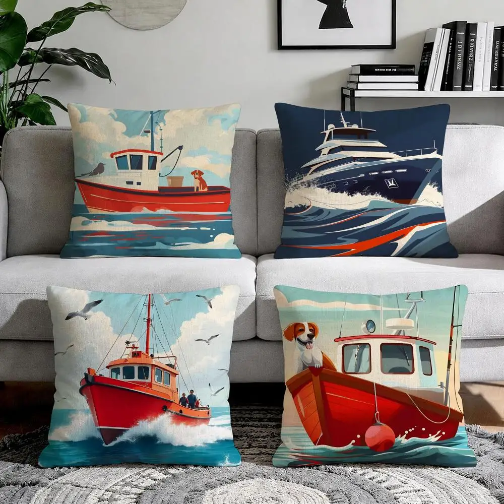 Ships Cushion Cover Natural Breathable Durable Linen Printed Decor Pillow Case Sofa Bedroom