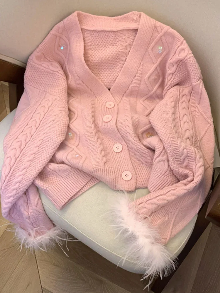 Formal Occasion Women Pink Cardigan Luxury Fashion Sequins Sweater Autumn Long Sleeve Plush Knitted Pullover 90s Autumn Winter