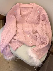 Formal Occasion Women Pink Cardigan Luxury Fashion Sequins Sweater Autumn Long Sleeve Plush Knitted Pullover 90s Autumn Winter