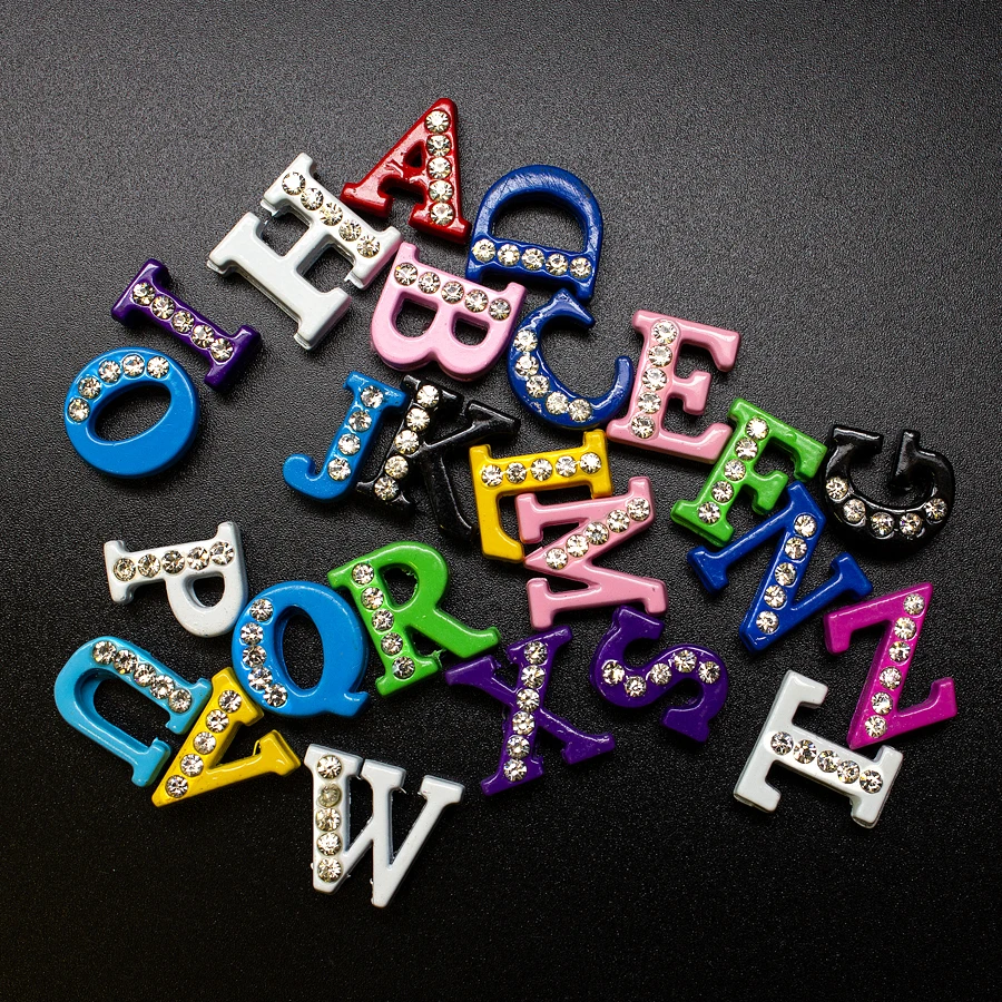 8mm Slide Letters Charms Alphabet 1pcs Alloy Rhinestone Fit DIY Wristband Bracelet Pet Collar Jewelry Making Women Kids Gift