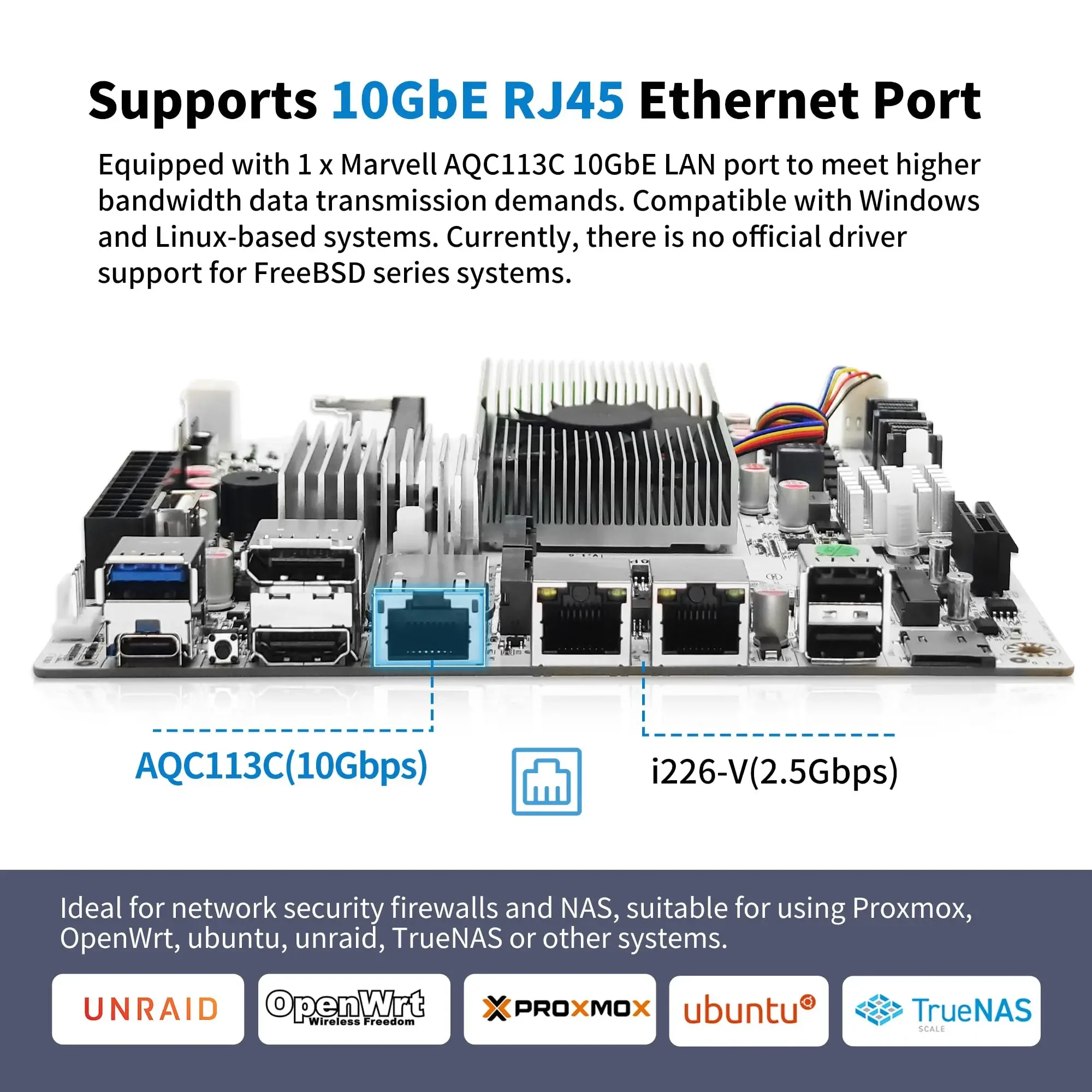 Scheda madre NAS CWWK 8 alloggiamenti con 10GbE RJ45, scheda madre PC Mini ITX CPU N150 bianca M8, 2 x NVMe, doppia LAN da 2,5 GbE, WiFi M.2, USB-C