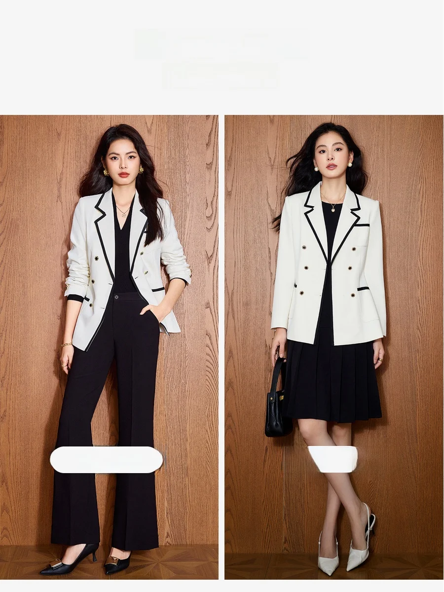 

Women's Suit Set with White Black Edged And Flared Pants Keyboard Wave Design Fashionable Commute Style Winter Wear
