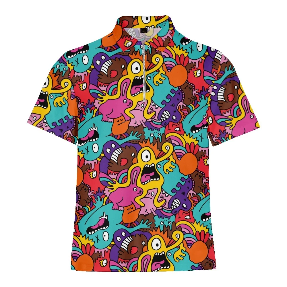 Cartoon Monster Graffiti Printed Summer Men\'s Zipper Collar Polo Shirts Casual Oversized Short Sleeve Fashion Tops Men Clothing