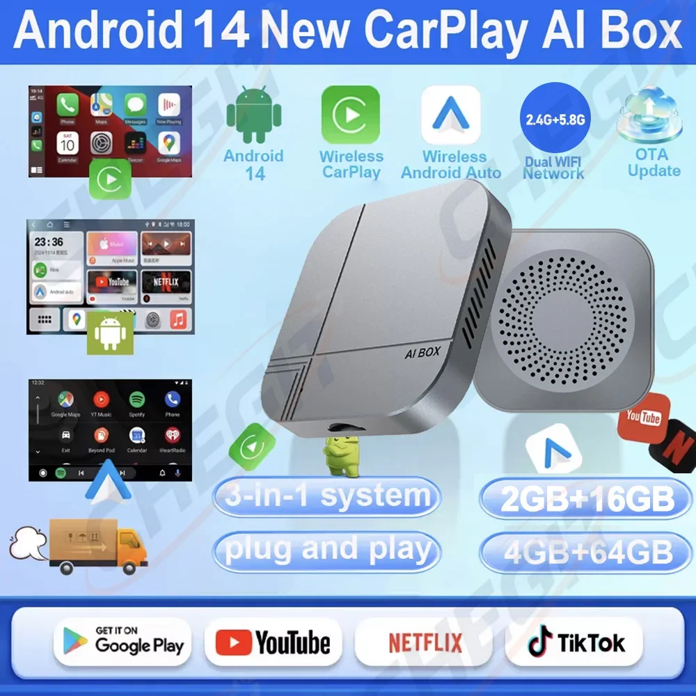 

Новый Android 14 CarPlay AI Box 4 + 64G 2 + 16G беспроводной адаптер Carplay Android Auto Smart TV BOX для Netflix YouTube автомобильные аксессуары
