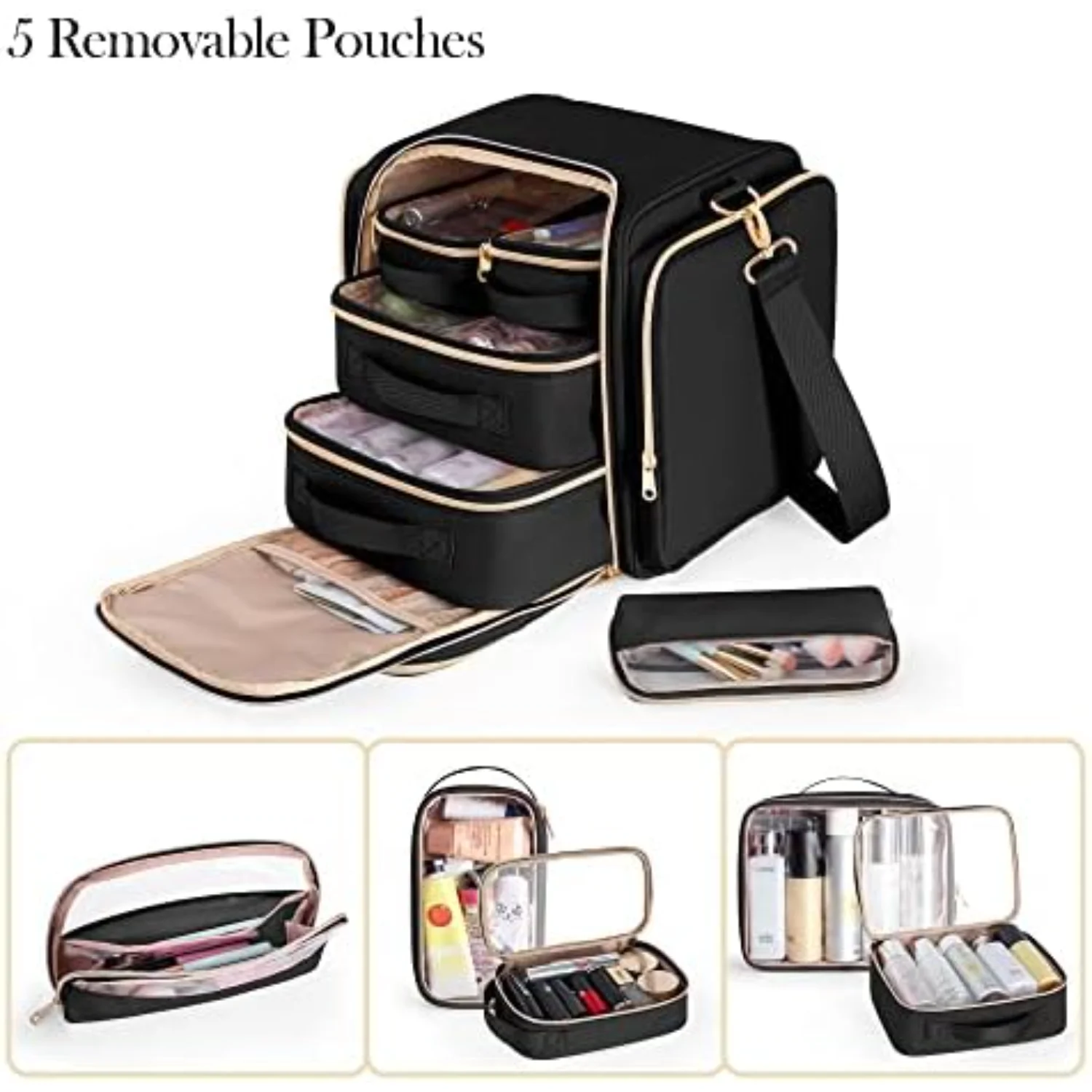 Borsa per trucco da viaggio Prokva con custodie rimovibili, grande organizer per cosmetici con tracolla e tasche multiple Spoolie per ciglia Pennello asciutto