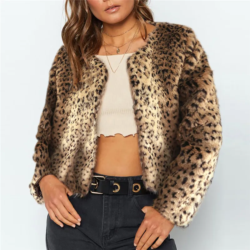 Women Faux Fur Coats Short Fur Jackets Leopard Print Round Neck Long Sleeves Coverd Button Thick Slim Casual 2025 Autumn Winter