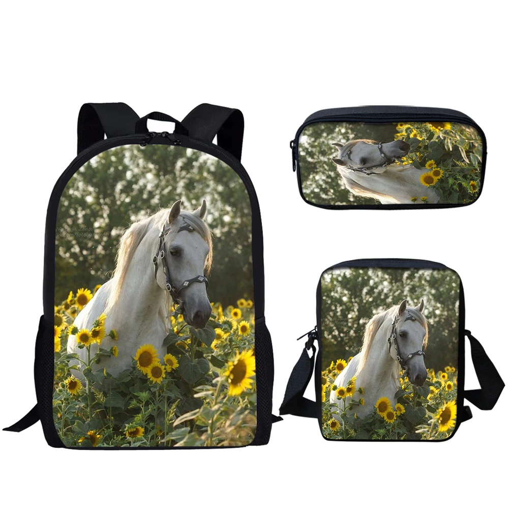 Sunflower Horse Print 3 buah tas sekolah ransel kasual remaja laki-laki perempuan tas buku siswa tas makan siang tas pensil ransel harian