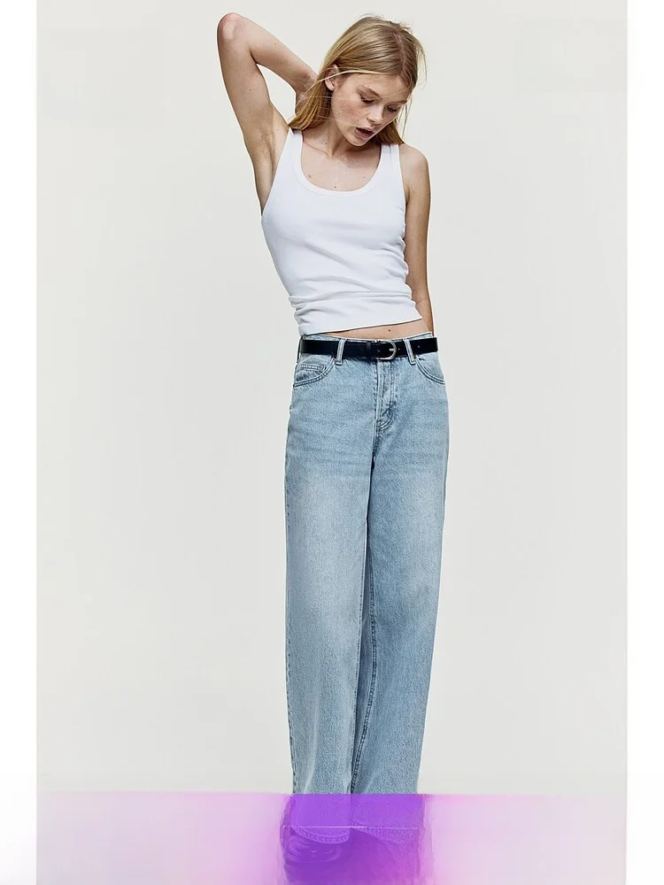 

H&M Women's Jeans l Waist Wide Leg Casual Sle Cotton Fabric Retro Straight Leg Commuter Pants Spring Collection