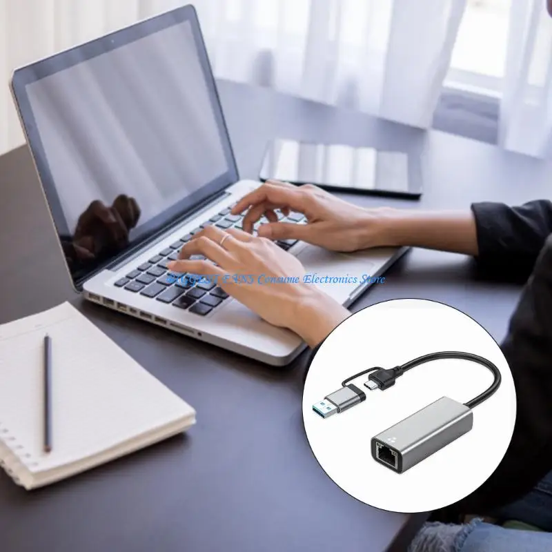

USB C/USB A Two Port 1/2.5Gbps RJ45 Ethernet Converters Aluminum Alloy Construction Plugs and Play for Multiple Devices