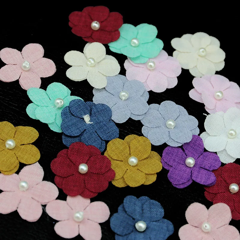 (20 Pcs/pack) 25mm Five Petal Flower Patch Double Layer Fabric Mixed Color Pearl Petal Kid's Hair Accessories Holiday Decoration