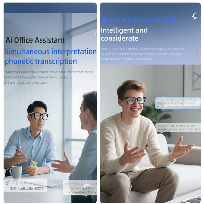 AI Smart Glasses object recognition Real-Time Translation Voice Assistant Noise Reduction APP Built-in storage Smart Glasses