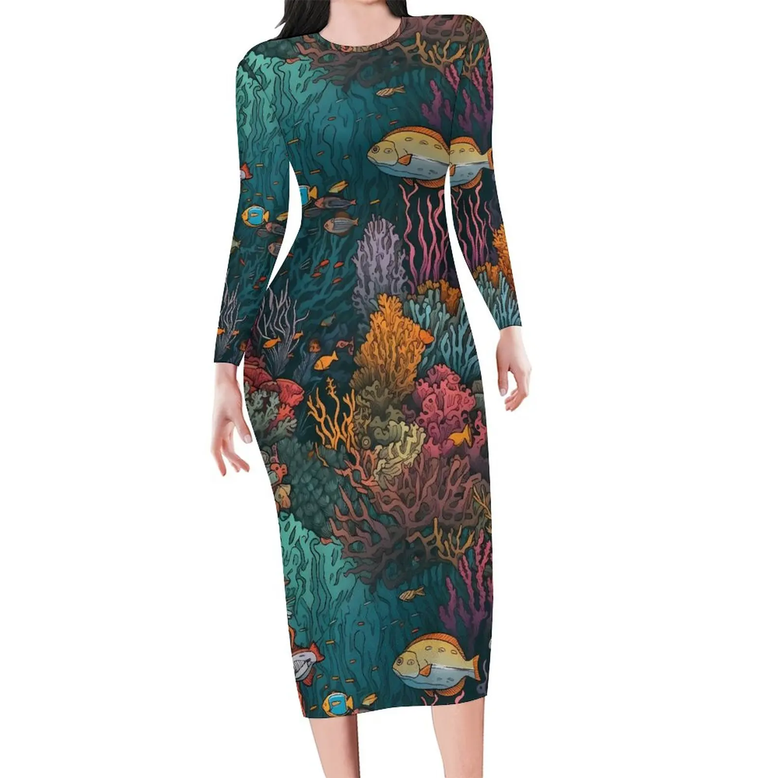 Tropical Marine Dress Female Coral Reef Print Street Fashion Bodycon Dress Spring Long Sleeve Club Dresses Oversize Vestidos