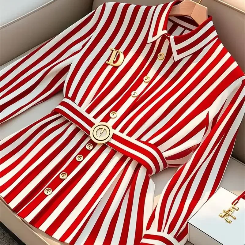 

French High-end Red Stripe Blouse Polo Collar Brooch Top Autumn Women Small Fragrance Slim Belt Shirt Office Lady blouses