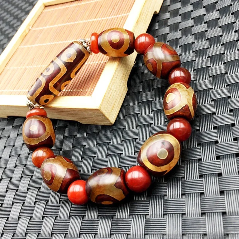 Tibet Old Nine Three Eyes Sky Red Agate Drum Beads Orange Bracelet