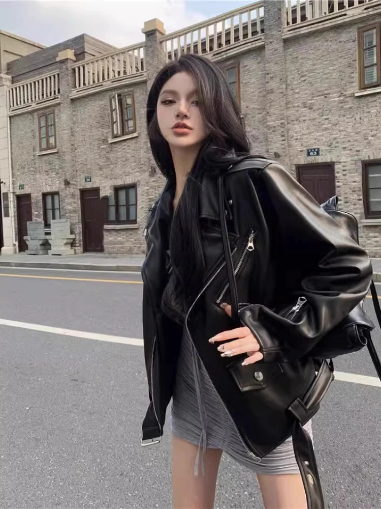 

Women Edgy Moto Jacket Oversized Biker Coat with Asymmetrical Zip Punk Streetwear Faux PU Short Jacket Chic Outerwear Top